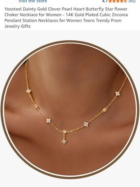Dainty 14K Gold-Plated Clover & Pearl Station Necklace - Gold (TWO)